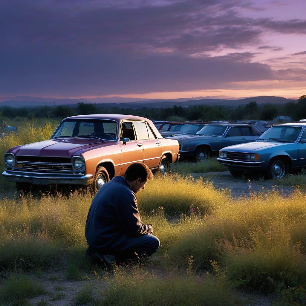 A melancholic scene featuring an abandoned used car lot at twilight, with rusting vehicles surrounded by overgrown weeds, symbolizing the struggles of the auto industry. In the foreground, a hopeful figure is examining a gleaming used car, bathed in soft golden light. Incorporate muted colors for a somber feel, contrasted with vibrant highlights on the hopeful car. super-realistic. twilight ambiance. muted colors with vibrant highlights.