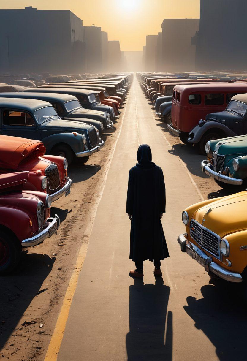 A journey from darkness to light, showcasing a sad figure in shadow on the left, gradually transitioning to a joyful person celebrating in bright sunlight on the right, with a range of used vehicles in the background representing the evolution of sales trends. Vibrant colors. Dynamic contrasts. 3D.