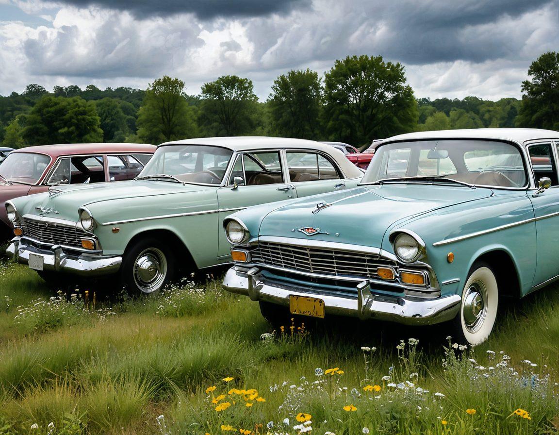 A melancholic yet alluring scene featuring vintage automobiles under a cloudy sky with a silver lining, showcasing aspects of beauty and nostalgia. Include reflections of soft light on the car surfaces, highlighting their unique designs and hidden values. Surround them with subtle hints of nature reclaiming the vehicles, like wildflowers peeking through the wheels. The overall mood should evoke a sense of serenity and hidden stories. painting. muted colors. soft focus.